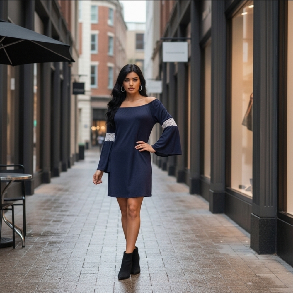 Dice Navy Crochet-Trim Bell Sleeve Mini Dress - Picture 9 of 9